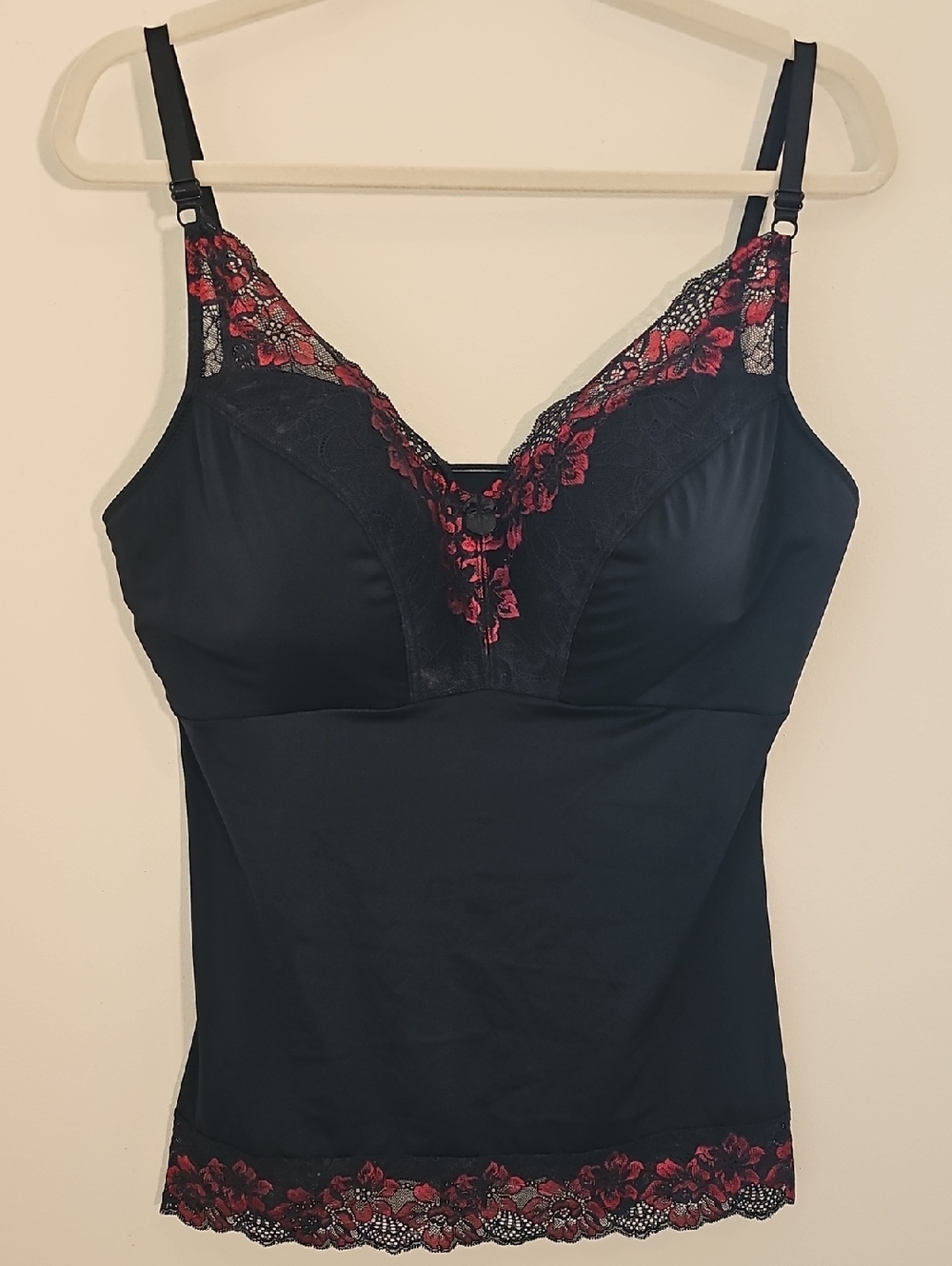 Ronda Shear Pin-up Black Lace-Accent Camisole with Red Floral Embroidery. 2X